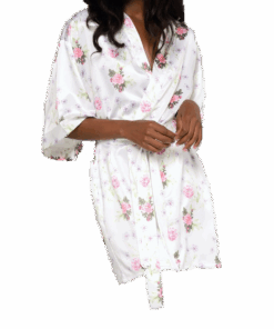 White Jasmine Floral Satin Kimono Short Robe
